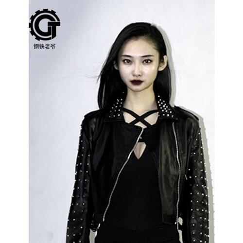 Punk Rock Jacket Women Leather Coat Short Long Sleeve Beads Zipper Turn Down Collar Vintage