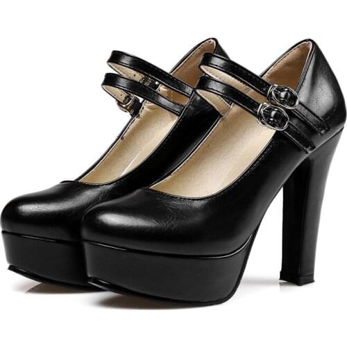 Womens Shoes Fashion Office Lady Ankle Strap New Dress Shoes Ladies Round Toe Platform Buckle Strap Block High Heel Party Shoes