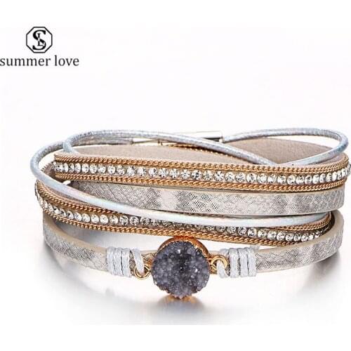 New Hot Sale Multi Layer PU Leather Bracelets 15.5" Punk Snake Magnet Bracelet for Women Crystal Pearl Chain Bangle Jewelry