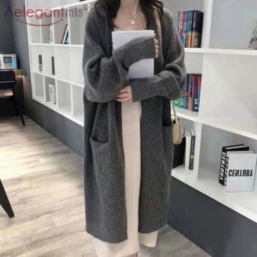 Aelegantmis Winter Oversized Long Knitted Cardigans Women Vintage Solid Warm Causal Sweaters Lazy Style Chic Pocket Loose Coats