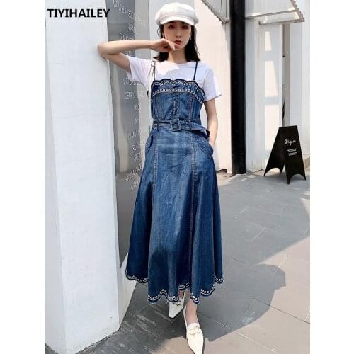 TIYIHAILEY 2020 Free Shipping Vintage Women Long Maxi Summer Denim Cotton S-XL Sleeveless Dresses With Belt Embroidery Strapless