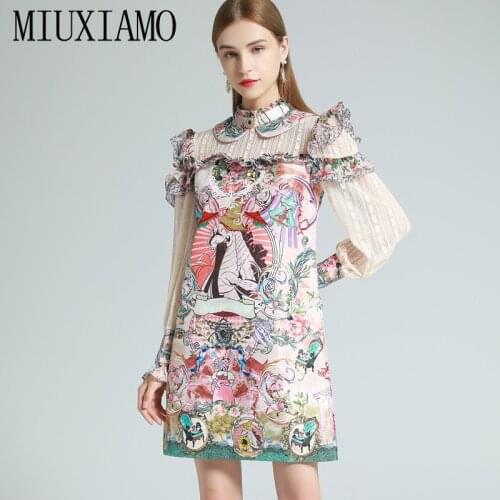 MIUXIMAO 2021 Spring Summer Flower Print Fashion Stand Collar Flared Sleeve Ruffles Slim Mini Dress Vestidos for Women Party