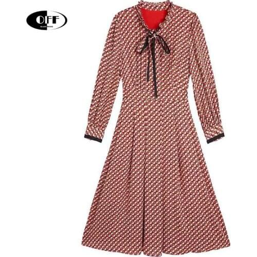 Summer Vintage Printed Plaid Flowers Midi Dresses For Women Retro Long Sleeve Bow Office Work Retro Casual Ladies Dress Vestidos