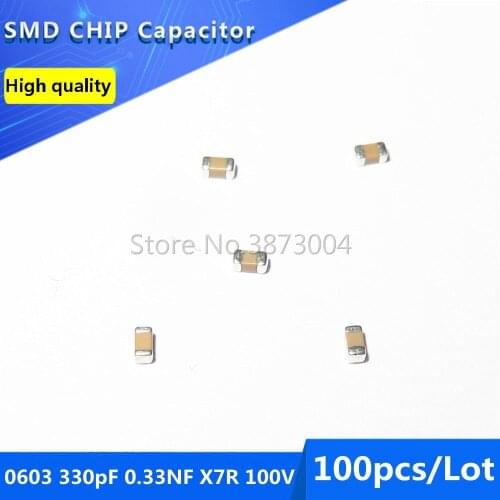 100pcs 0603 330pF 0.33NF X7R 100V 10% SMD Chip Capacitor