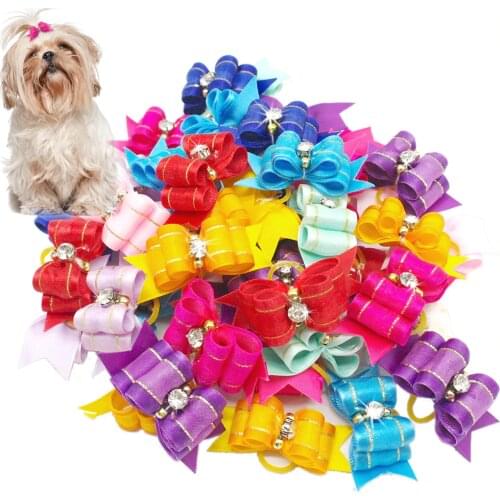 20/50/100pcs Handmade Designer Dog Hair Bows With Rubber Bands Rhinestone Cat Puppy Grooming Bows for Hair Accessories