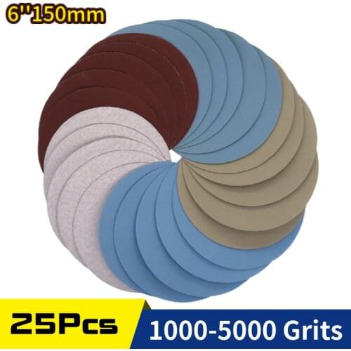 25 PCS 6 Inch 150MM Flocking Sandpaper Wet Dry Hook and Loop Sanding Disc 1000 /2000 /3000/4000 5000 Grits for Sanding Polishing
