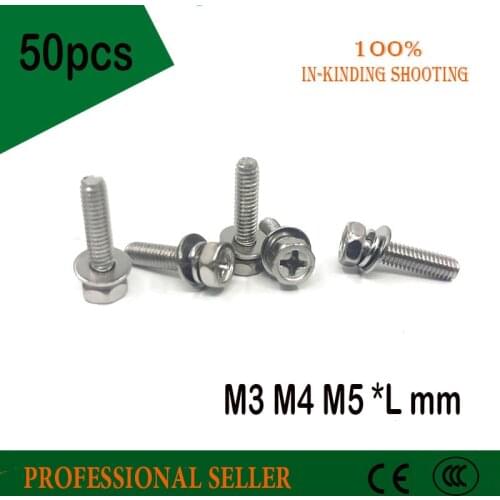 50pcs M3 M4 M5 *L mm 304 stainless steel cross recessed hexagon head three sems screw combination screw for solid state relay