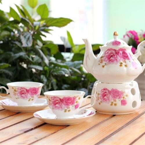 6Pcs European Ceramic Flower Tea Set British Afternoon Black Tea Set Heatable Glass Teapot China Tea Cups And Saucers