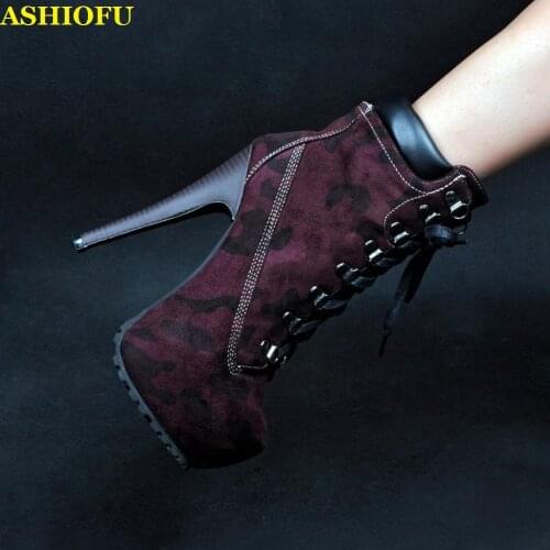 ASHIOFU Handmade New Style Womens High Heel Boots Cross Shoelace Platform Party Ankle Boots Evening Club Fashion Boots Shoes