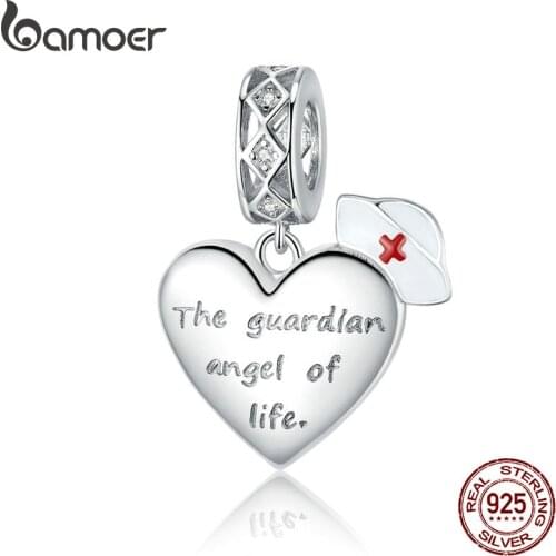 Bamoer Guardian Angel Pendant Charm Silver 925 Original nurse hat Fashion Plated platinum Jewelry Gifts Girl Accessories BSC307