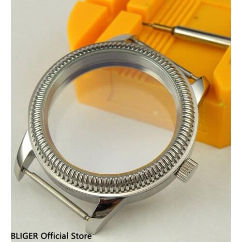 BLIGER 44MM Stainless Steel Watch Case Coin Bezel Fit Mechanical 6497 6498 Hand Winding Movement for Mens Watch Case C007
