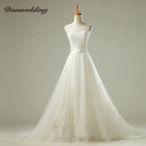 Elegant Lace Applique A-Line Wedding Dress Scalloped-Neck Tulle Bridal Dress Hand Made Beaded Bridal Dress Plus Size Real Photo