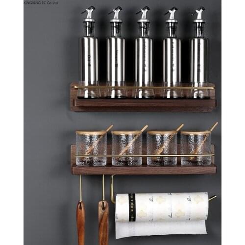 Kitchenware Storage Rack Seasoning Jar Oil Bottle Salt Shaker, Walnut + Brass Wall Mount, Household Glass Seasoning Box with Lid