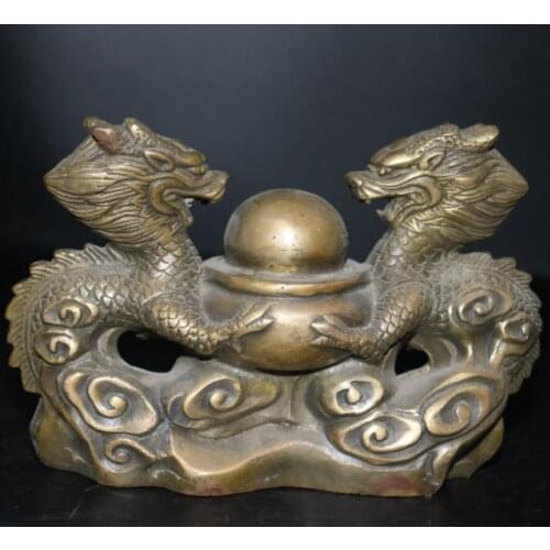 China brass double dragon play bead crafts statue