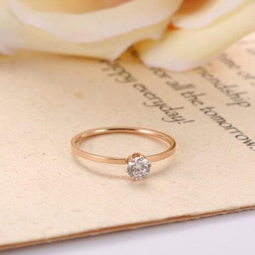 BOBOTUU Titanium Steel 6 Prong Setting Cubic Zirconia Crystal Ring Classic Rose Gold Engagement Wedding Rings For Women BR19164