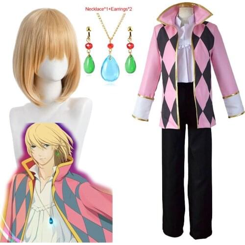 Movie Costumes Howls Moving Castle Howl Cosplay Wig and Necklace Earring Men Full Set of Adult Uniforms Howls Accessories