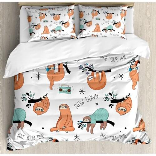 Sloth Duvet Cover Set Pattern with Cute Hand Drawn Sloths on Branches Laziness Mood Quotes Fun Decorative 4 Piece Bedding Set