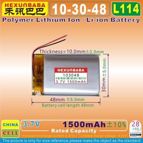 2pcs [L114] 3.7V 1500mAh [103048] Polymer lithium ion / Li-ion battery for POWER BANK;tablet pc,mp3,mp4,cell phone;DVR,speaker
