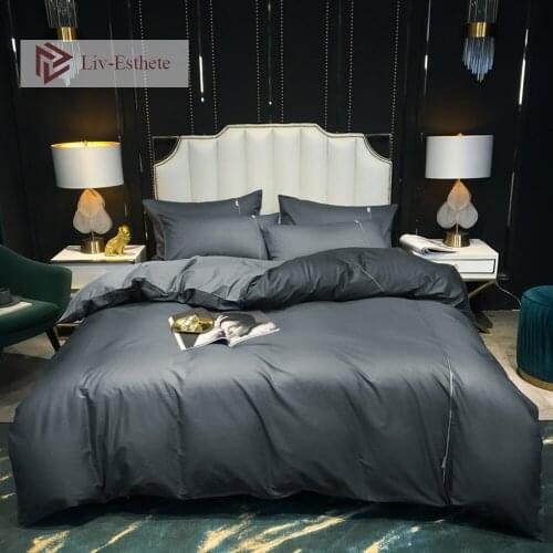 Liv-Esthet Modern Gray 100% Cotton Men Bedding Set Solid Soft Duvet Cover Pillowcase Flat Sheet Queen King Women Bed Linen Set