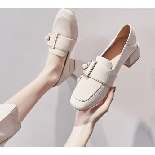Metal Buckle Loafers Fashion Square Toe Shallow Mount Pearl Ladies Shoes Comfortable PU Slip-on Women Office Shoes