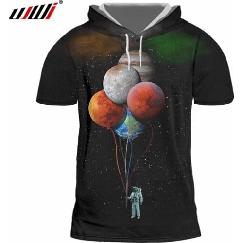 UJWI 2019 Mens Shirt Astronaut Space Balloon Planet 3D Print Hooded Tshirt Short Sleeve Fashion Casual Tops Plus Size 5XL