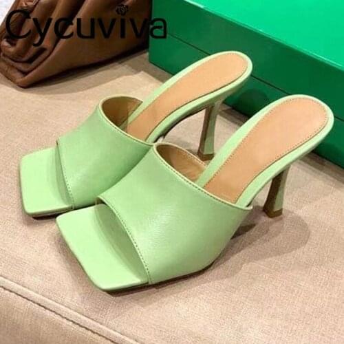Hot Brand Women Slippers Candy Square Toe Sandals Woman Thin High Heel Leather Slides Summer Slip On Mules Ladies Runway Mujer