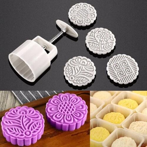 New Round Mooncake Pastry Mold Hand Pressing Mooncake Molds With 4pcs Stamps Cookies Biscuit Mold DIY Tool