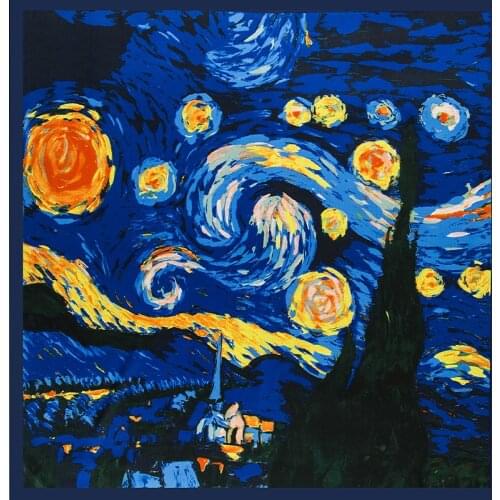 POBING 100% Silk Scarf Women Large Shawls Starry Oil Painting Stoles Square Bandana Hijab Luxury Kerchief Female Foulards 130CM