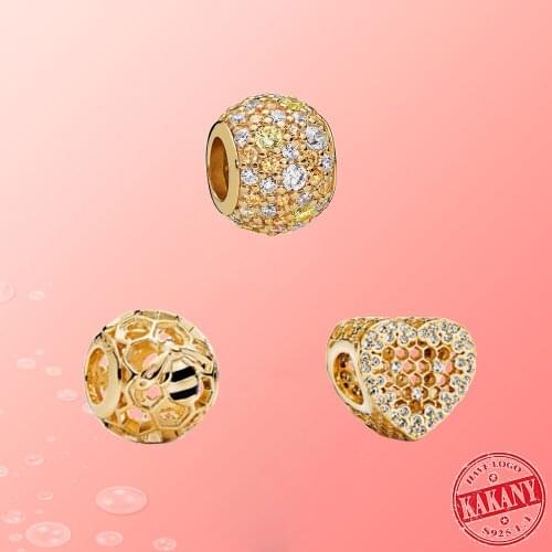 High Quality Heart-shaped Honeycomb Lace Charm Gold Pave Charm Original DIY Bracelet Accessory Beads Suitable for Female Jewelry