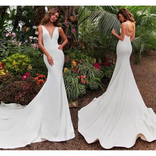 Stunning Satin V-neck Mermaid Wedding Dress With Beading Sequin Open Back Long Train Bridal Gowns vestidos de mariee