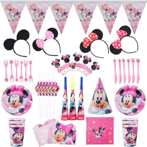 Pink Cartoon Mickey Minnie Birthday Wedding Party Decoration Supplies Disposable Cup Saucer Tissue Straws Children Shower Party