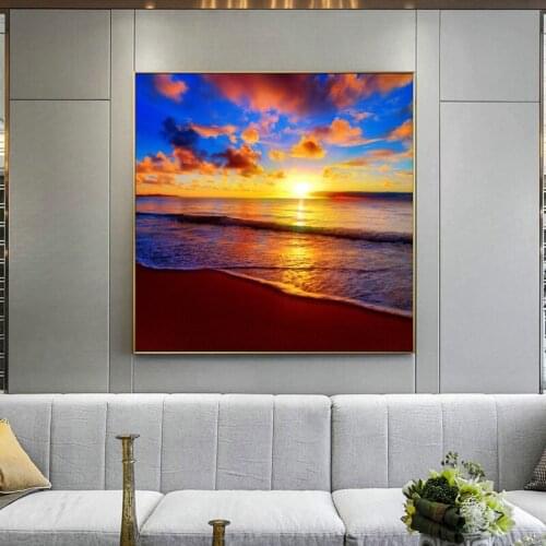Modern Seascape Oil Painting on Canvas Posters and Prints Wall Art Painting Sunrise at Sea Picture for Living Room Cuadors Decor