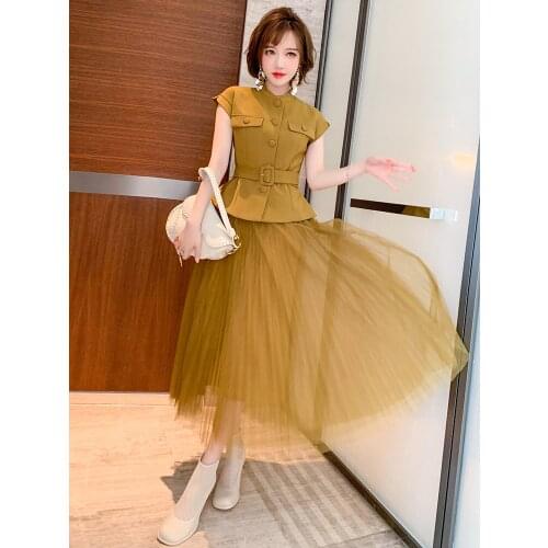 Lotus leaf top+High waist mesh pleated skirt suit for women 2021 Spring new