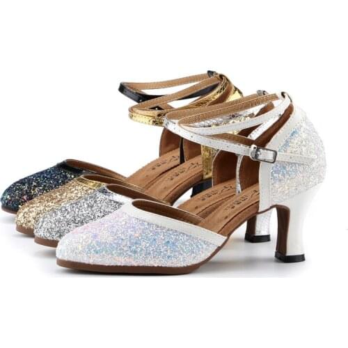 Women Party Dance Shoes Satin Shining Rhinestones Soft Bottom Latin Dance Shoes Woman Salsa Dance Shoes Heel3CM-8CM