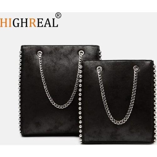 Retro Chains Rivet Large Capacity Tote Bag Women Shoulder Bags Lady Commuting PU Leather Purses Bags Solid Color Bag Bead Bolsa