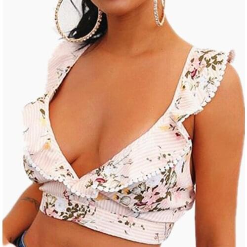 2019 Sexy V backless summer crop tops cami Women lace up casual camisole blouseElegant ruffle stripe print tanks HL tops