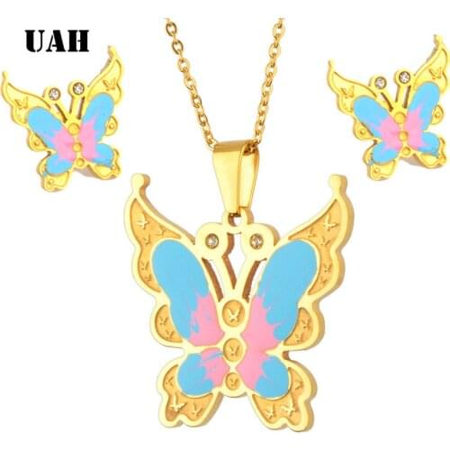 UAH Stainless Steel Jewelry Sets For Women Enamel Butterfly Pendant Necklacae Stud Earrings Fashion Jewelry Gift Collares Mujer