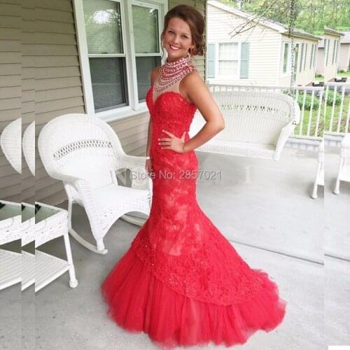 Stylish Red Lace Pearl Evening Dresses Mermaid Long Sheer Sexy Formal Dress Evening Gown Fishtail robe de soiree longue