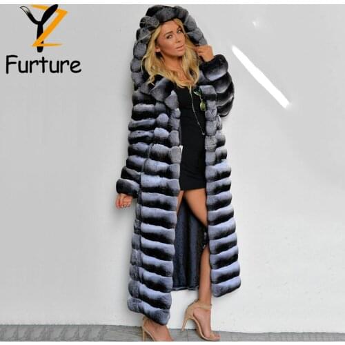 Women Real Fur Coat Natural Rex Rabbit Fur Coat 130cm Long With Fur Hood Genuine Rex Rabbit Warm Overcoats Thick Fur Outerwear