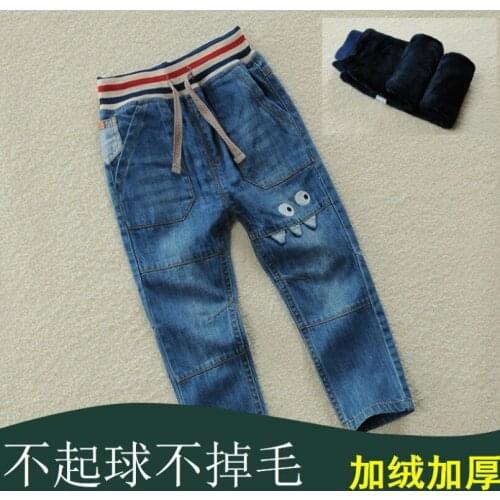 Winter new childrens boys jeans plus velvet thick pants cartoon childrens pants