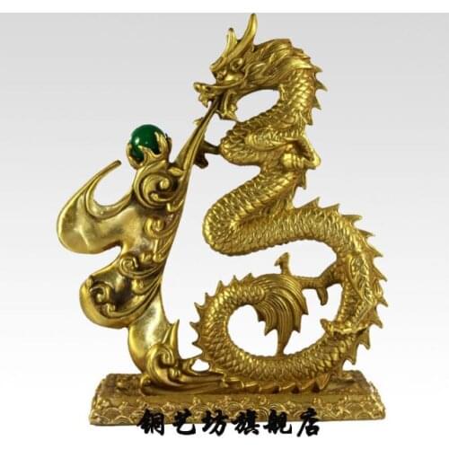 10" China Pure Bronze Animals Sculpture Wealth Myth Dragon Pearl Statue #1 Healing Medicine Decoration 100% Brass Bronze