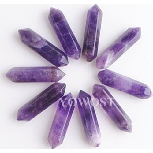 10Pcs 30x8mm Hexagonal Bullet Pointed Reiki Chakra Amethysts Natural stone No Hole Pendant Beads QU3306
