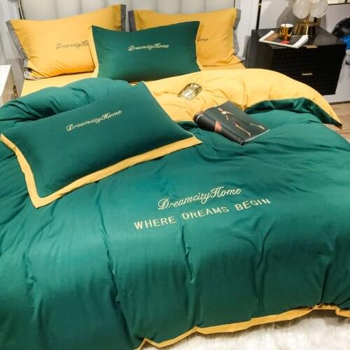 2021 Light Luxury Embroidery Thickened Washed Cotton Autumn and Winter Four-Piece Solid Color Bedding Autumn and Winter
