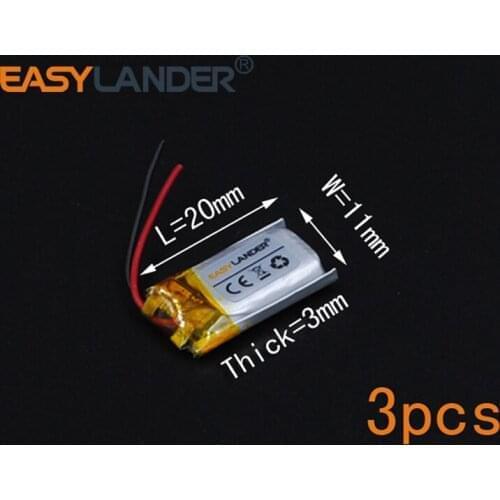 3pcs/Lot 3.7V 55mAh Rechargeable li Polymer Li-ion Battery For headset mp3 mp4 mp5 mouse Bracelet Wrist Watch 301120 031120