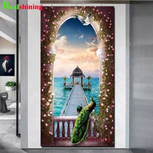 5D Space Corridor Green Peacock Diamond Painting Porch Full Diamond Embroidery Living Room Home Hallway Decor N2250