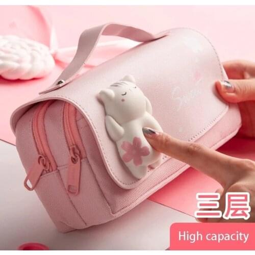 Stress Reli Pencil Bag Handle Pen Case 2 Zippers Korea Stationery School Supplies Pencil Pouch Cute Organizer Lovely Gift