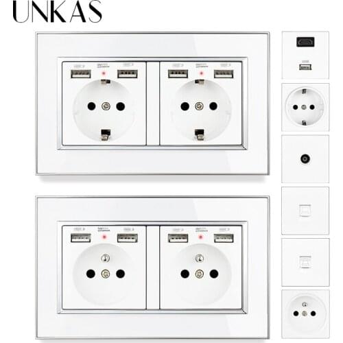 UNKAS White Acrylic Panel EU French Wall Power Socket Dual USB Port + TV RJ11 Telephone RJ45 Internet Computer Jack Outlet