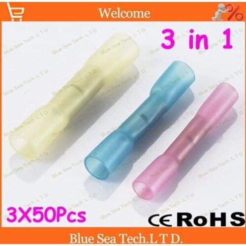 Free Shipping 3X50pcs/lot BHT1/BHT2/BHT5 Heat Shrink Butt Connectors and Splices For 0.5-6.0mm2,22-10 AWG Wire 3 in 1 Terminal