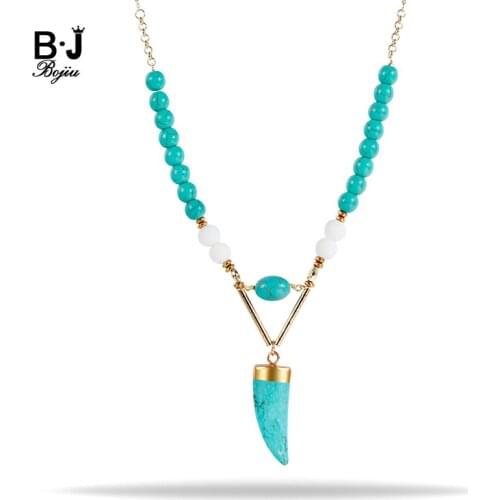 BOJIU Lasted Blue Turq.Bead light gold color Chain Natural Turq.Stone Horn Pendant Women Necklace NKS152