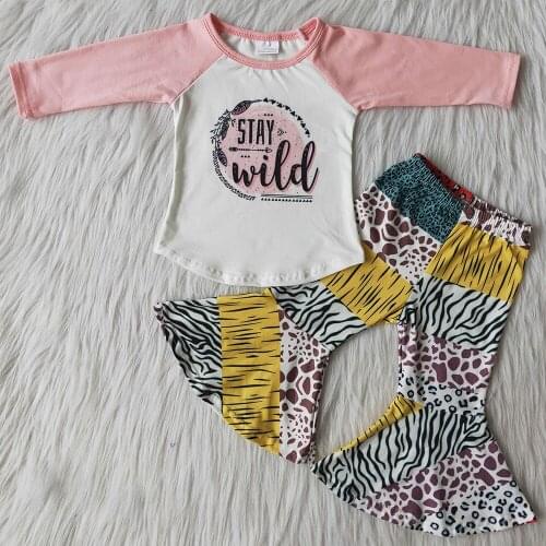 RTS Baby Girls Designer Clothes Fall Winter Outfits Raglan Shirt Top Bell Bottom Pants Fashion Girls Children Clothes Wholesale